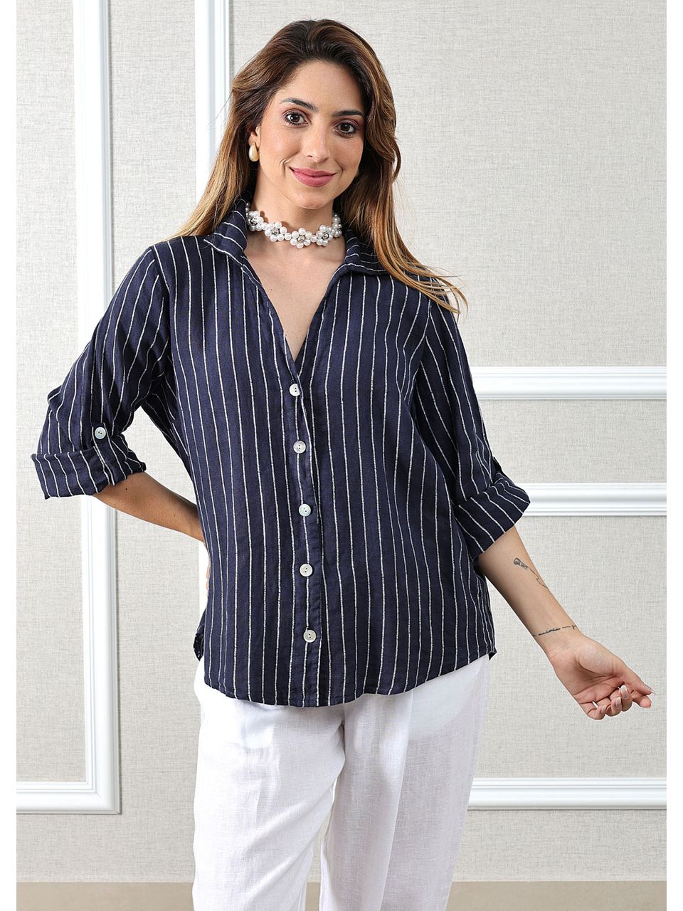Camisa Celia Linho Italiano Azul Marinho