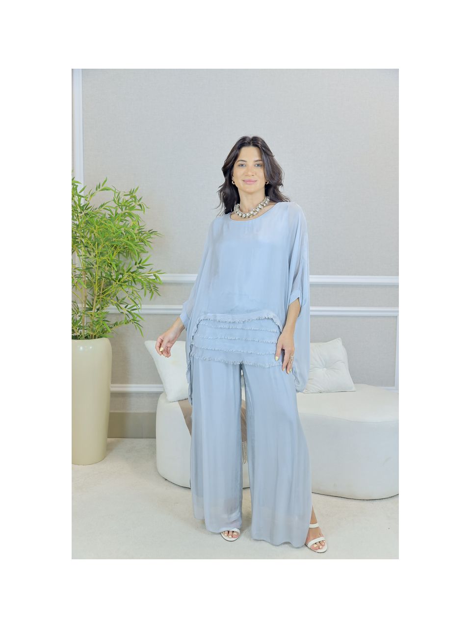 CONJUNTO ZINIA CINZA PÉROLADO SEDA ITALIANA 