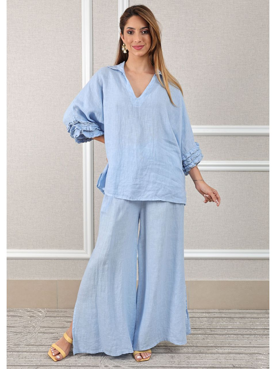 Conjunto Eduarda Linho Italiano Azul Bebe