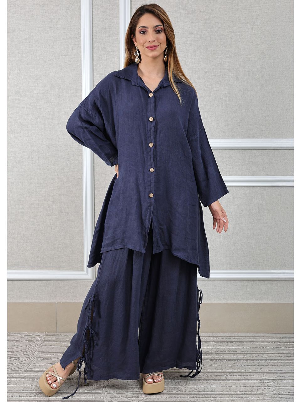 Conjunto Flora Linho Italiano Azul Marinho