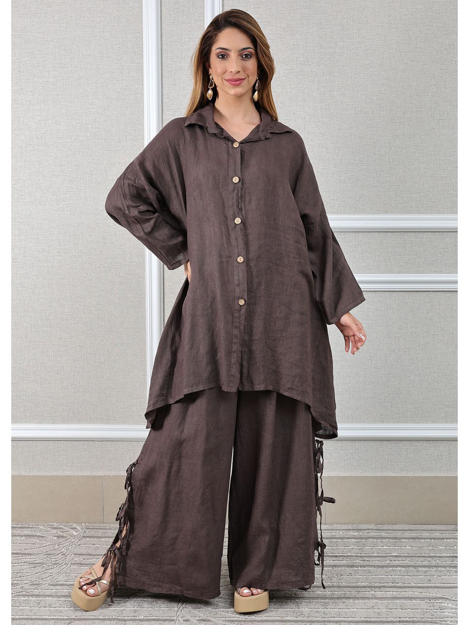 Conjunto Flora Linho Italiano Marrom