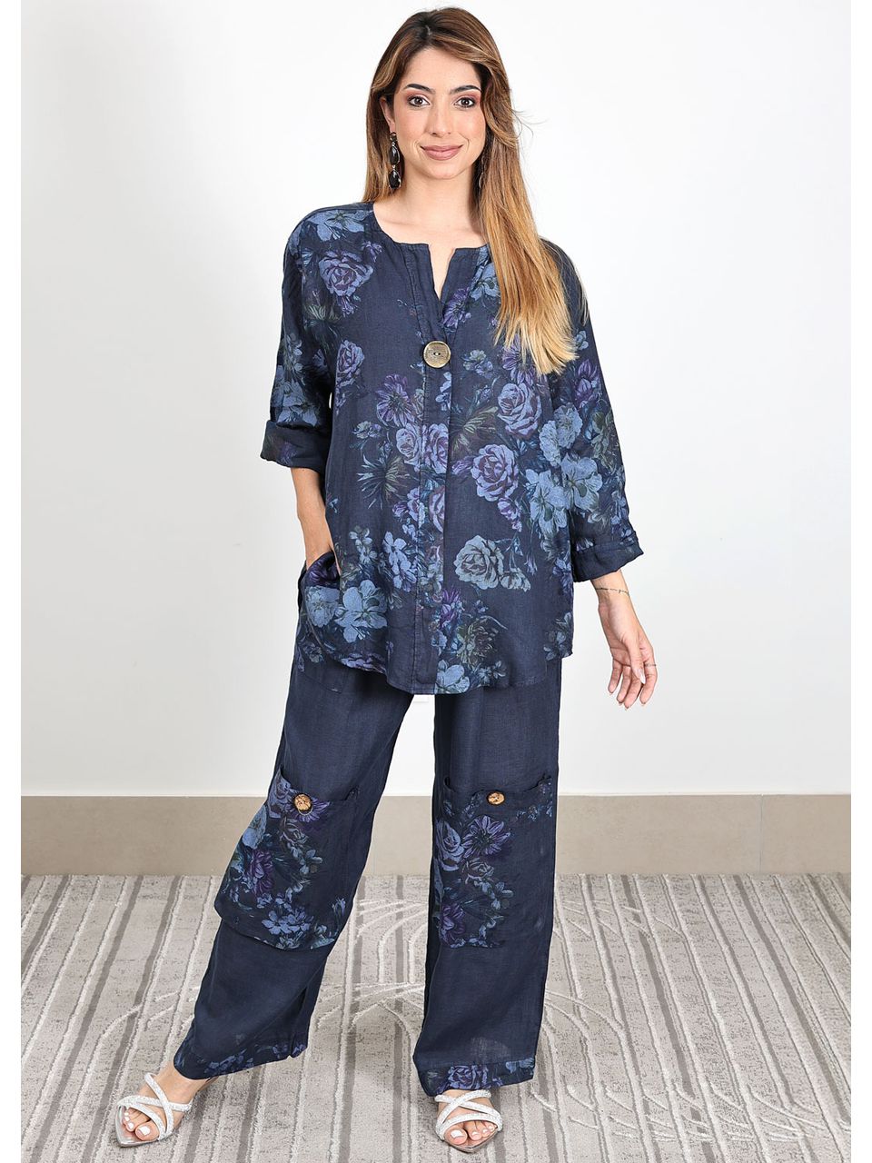 Vestido Analu Linho Italiano Azul Royal .