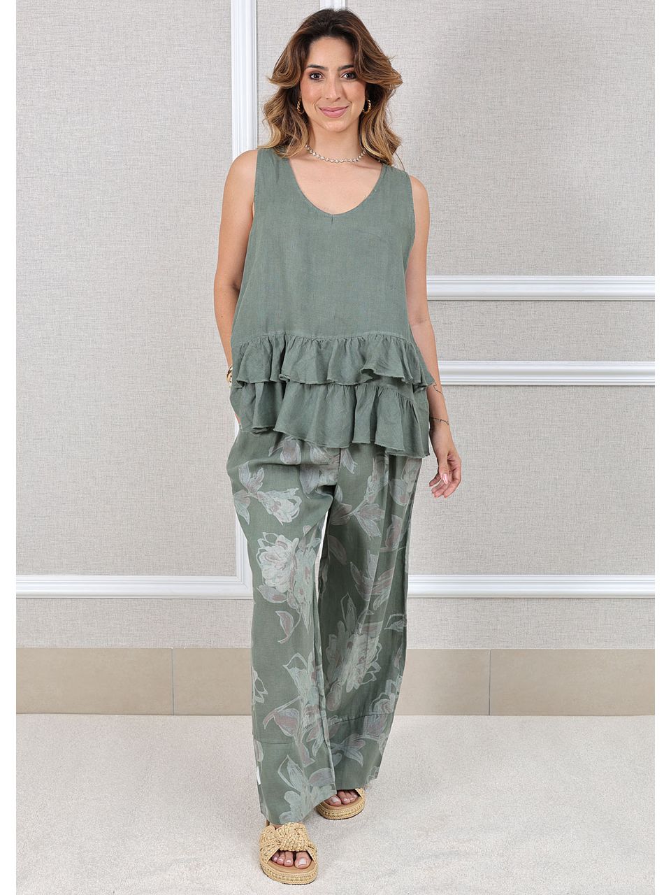 Conjunto Fernanda Linho Italiano Verde Militar
