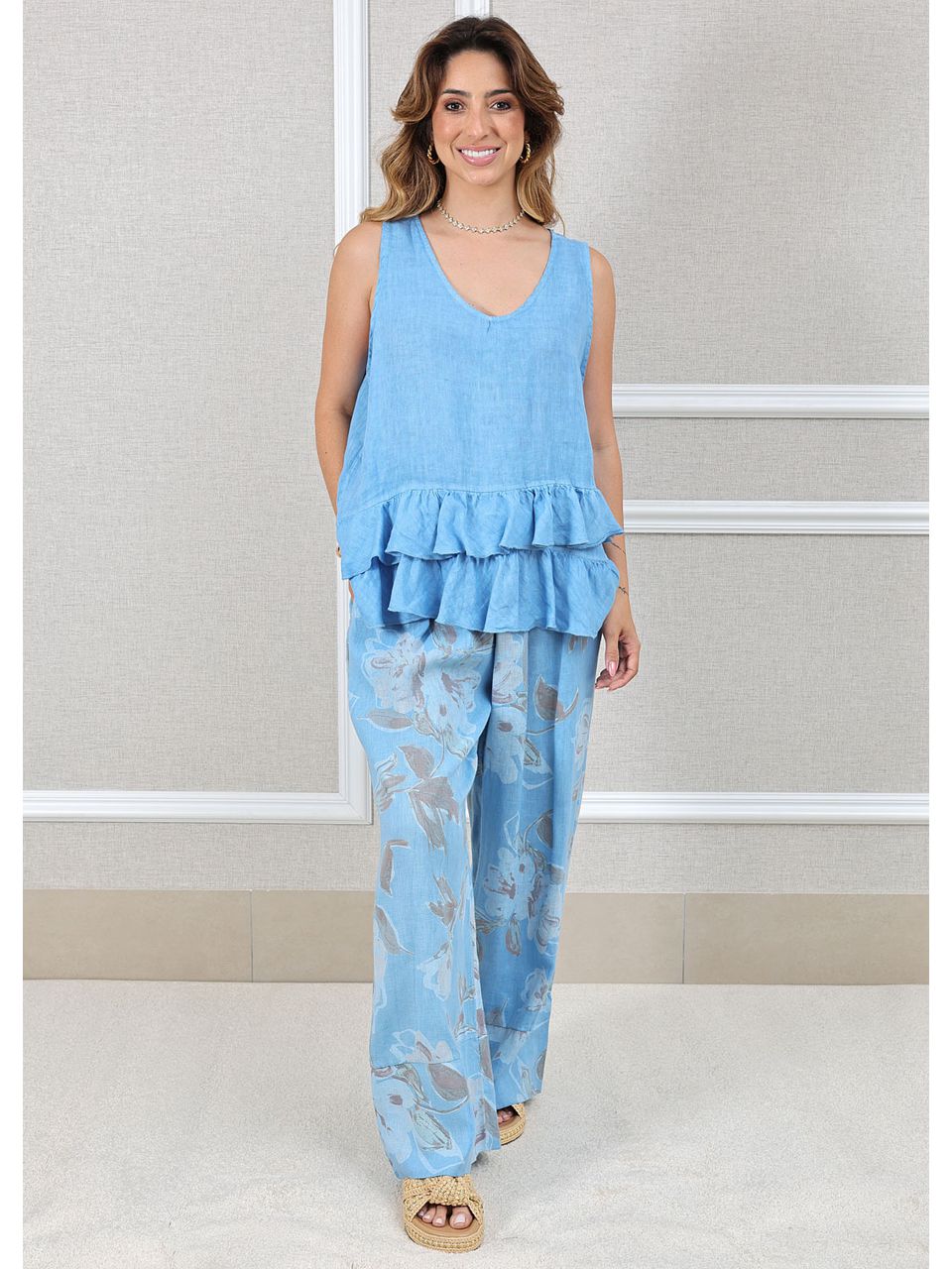 Conjunto Fernanda Linho Italiano Azul Hortência 