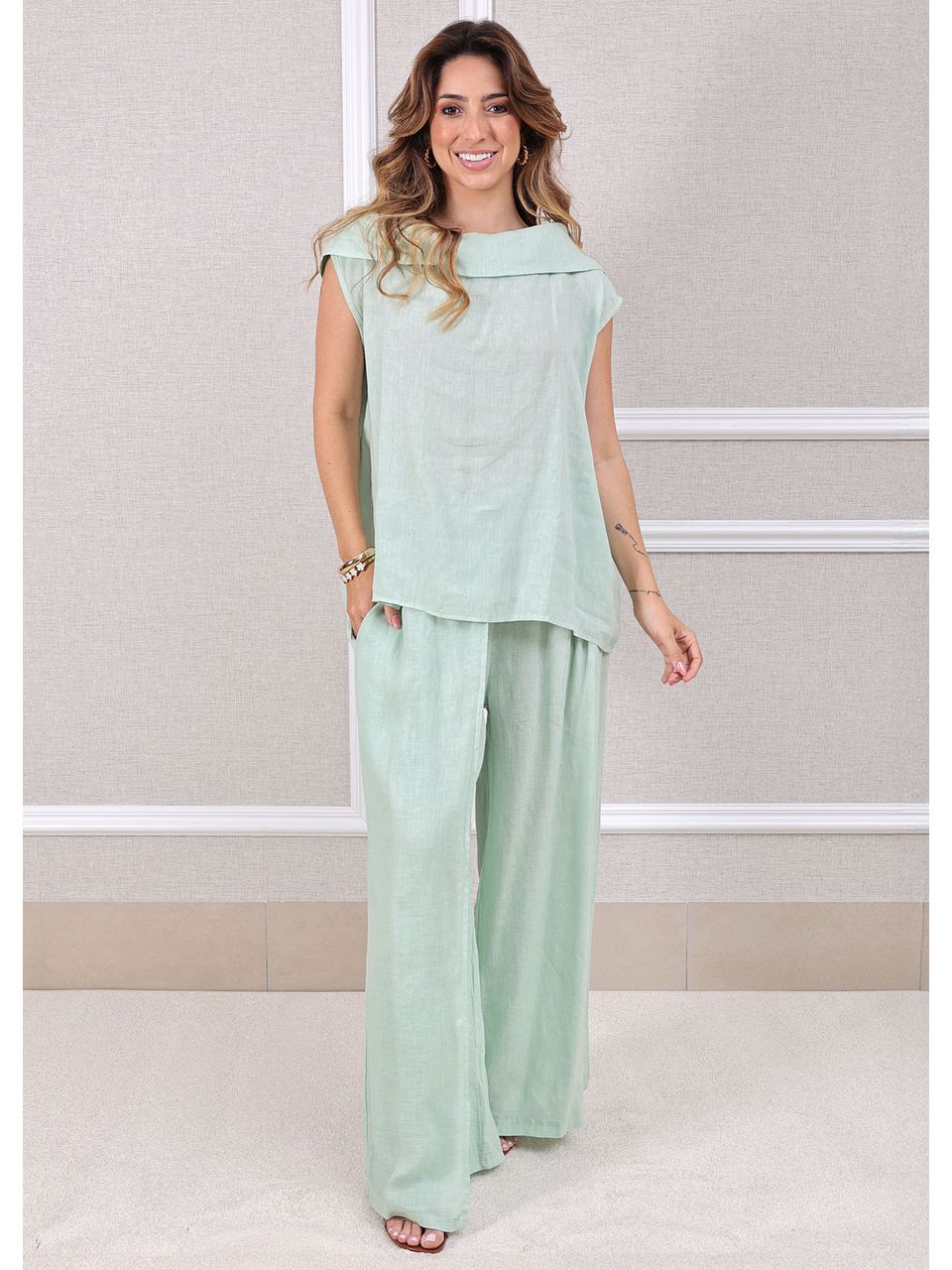 Conjunto Gabriela Linho Italiano Verde Água