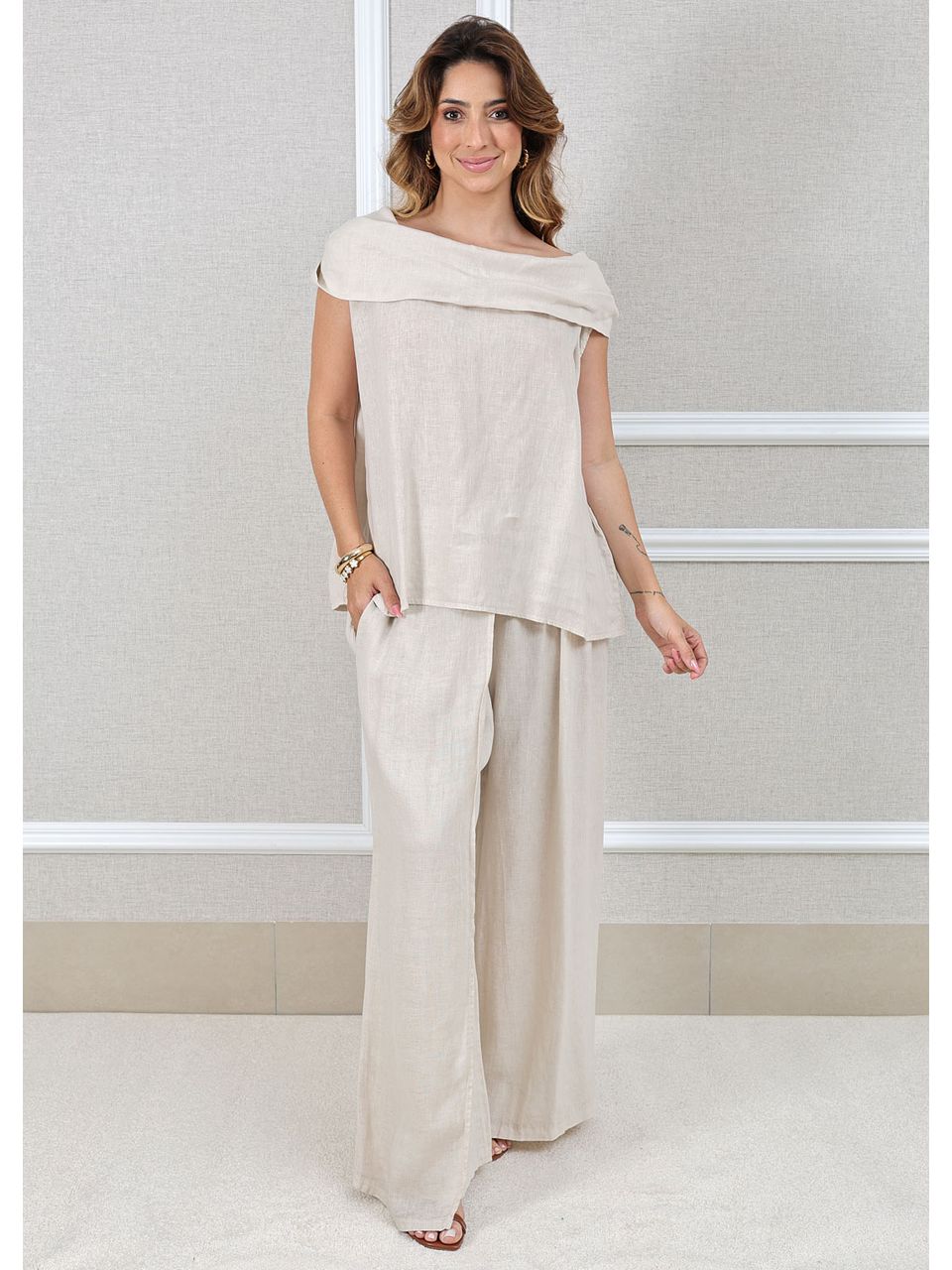 Conjunto Gabriela Linho Italiano Bege