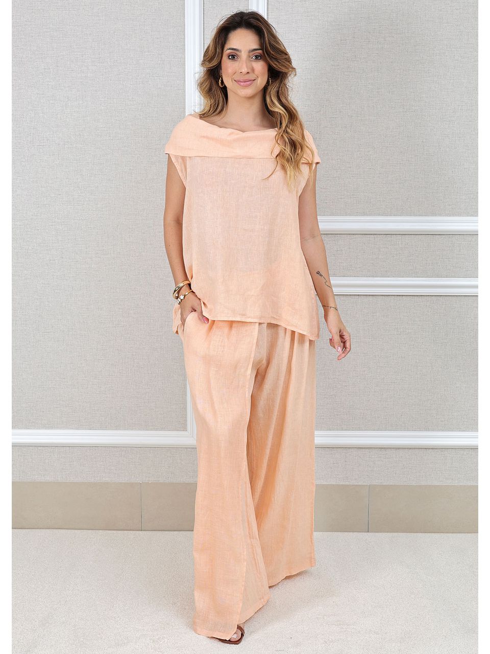 Conjunto Gabriela Linho Italiano Pêssego