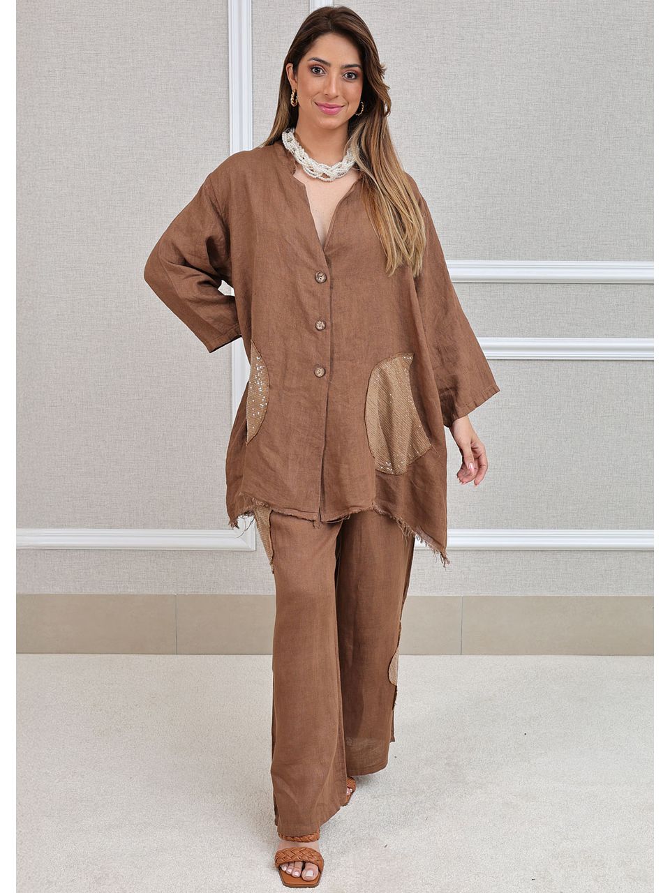 Conjunto Renata Linho Italiano Marrom