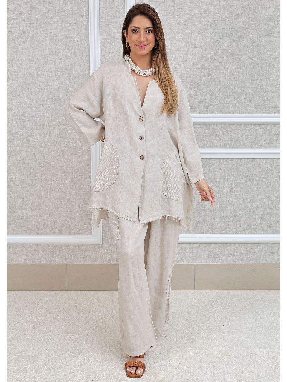 Conjunto Renata Linho Italiano Bege