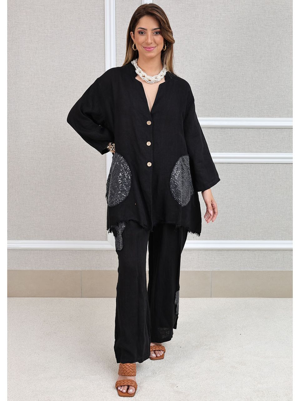 Conjunto Renata Linho Italiano Preto