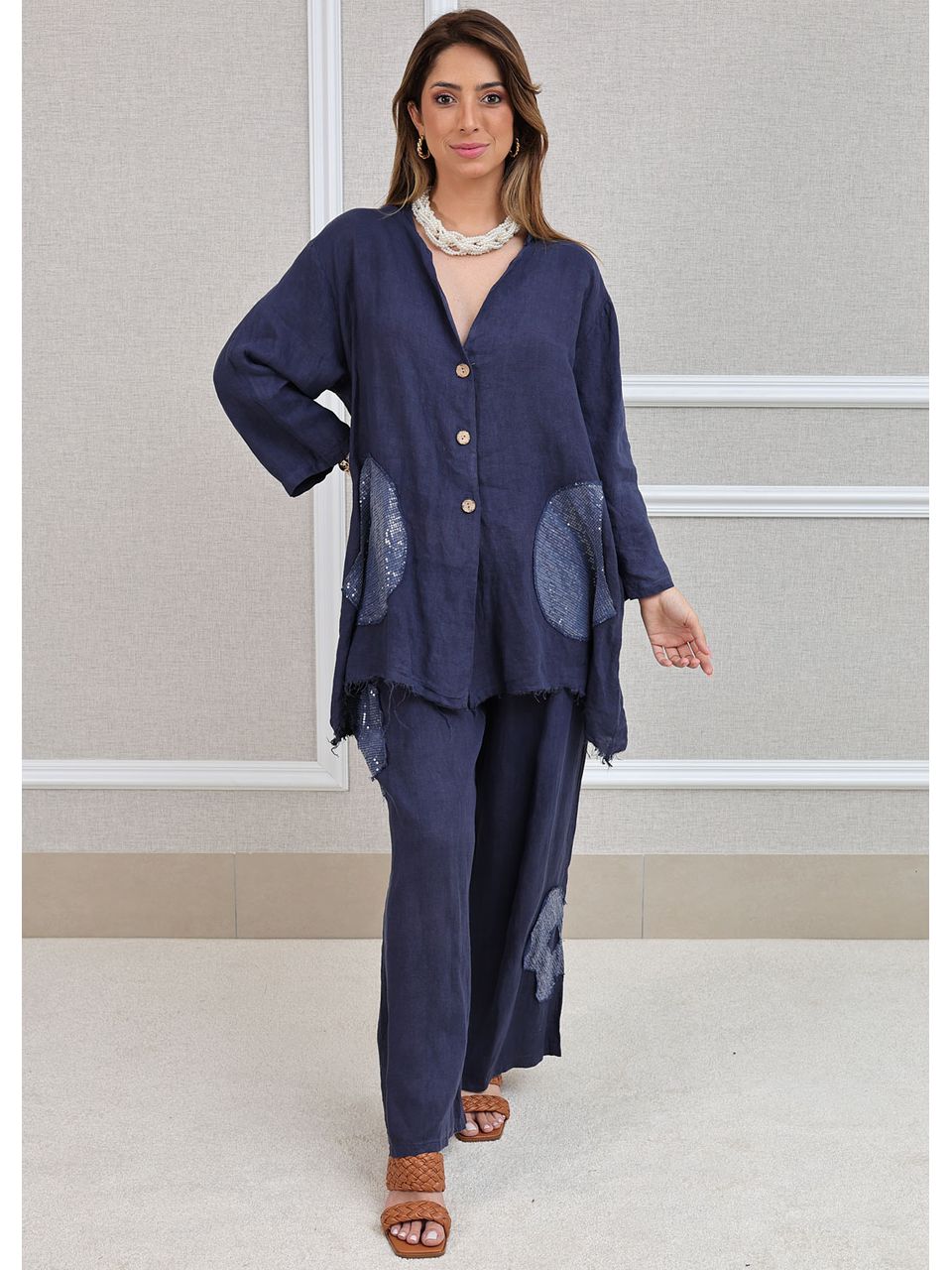 Conjunto Renata Linho Italiano Azul Marinho
