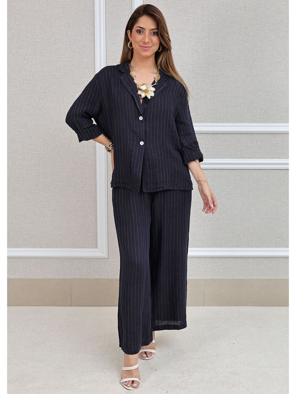 Conjunto Nayara Linho Italiano Azul Marinho