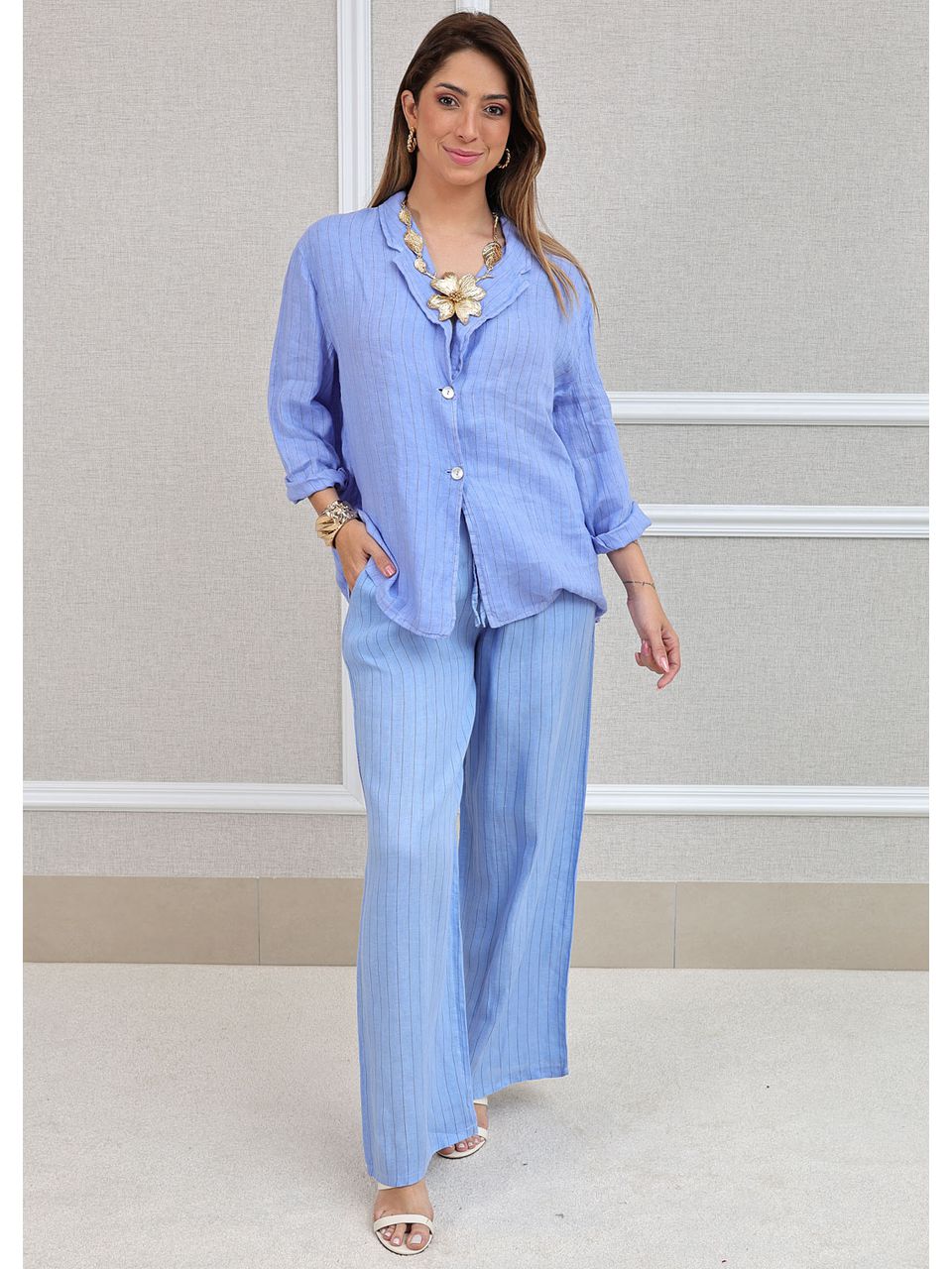 Conjunto Nayara Linho Italiano Azul Hortência