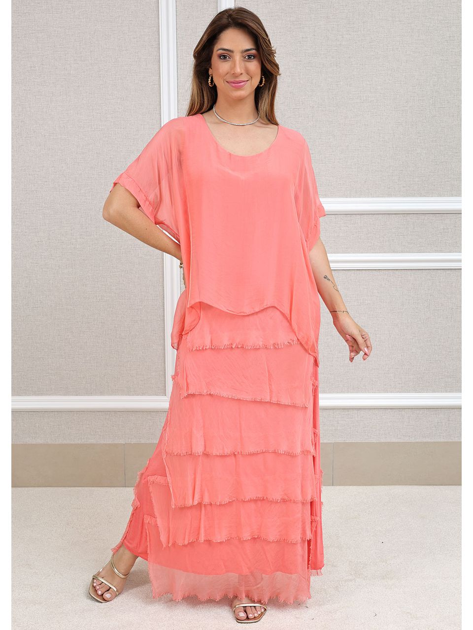 Vestido Pietra Seda Italiana Pêssego .