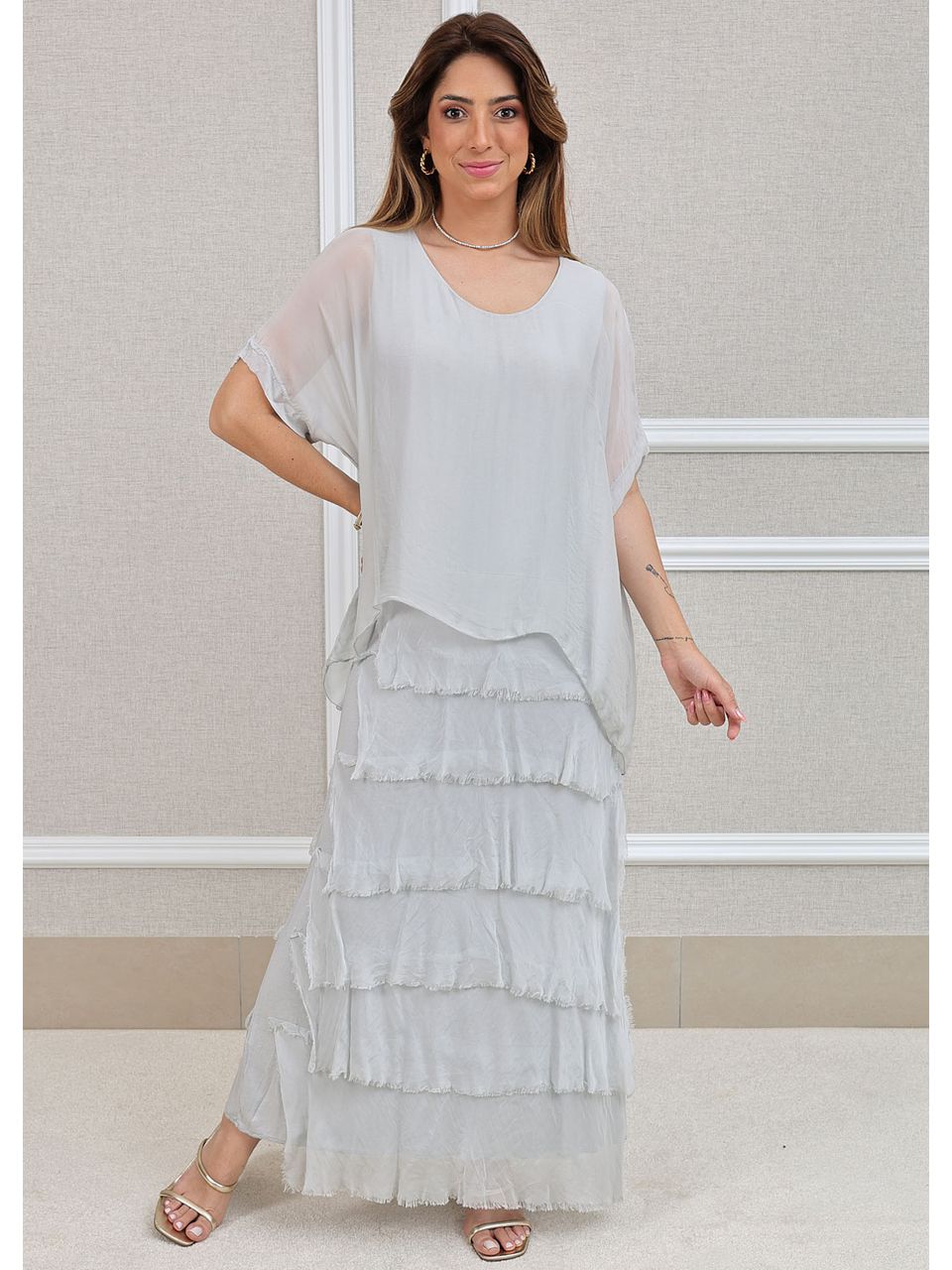 Vestido Julia Seda Italiana Cinza Perolado .