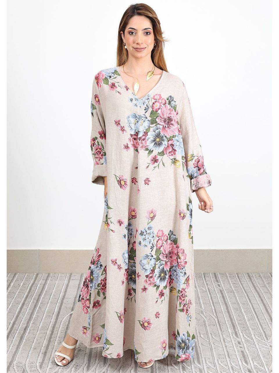Vestido Liana Linho Italiano Bege .
