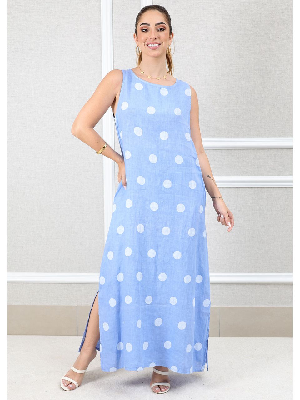 Vestido Amanda Linho Italiano Azul Hortência 