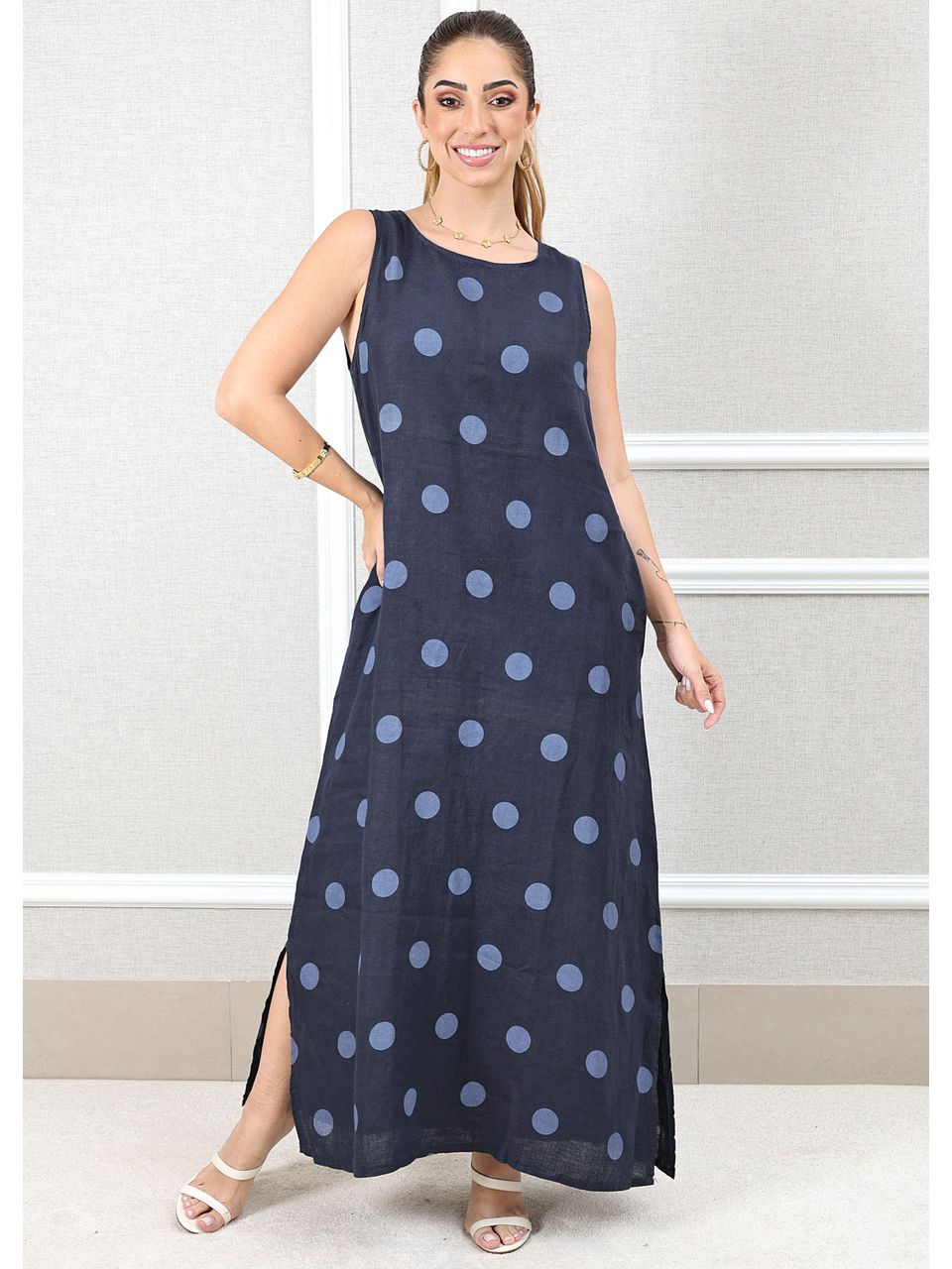 Vestido Amanda Linho Italiano Azul Marinho