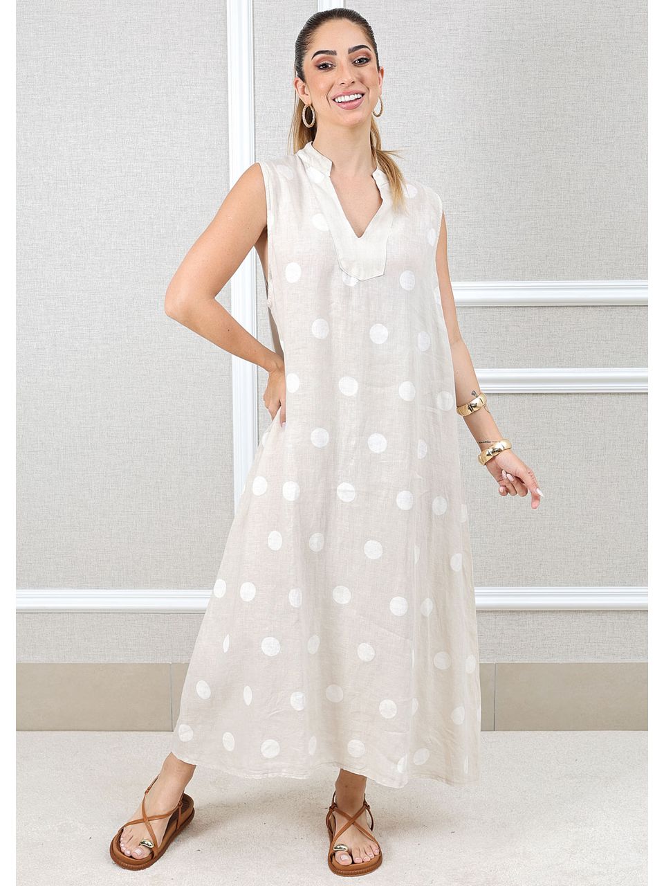 Vestido Laura Linho Italiano Bege