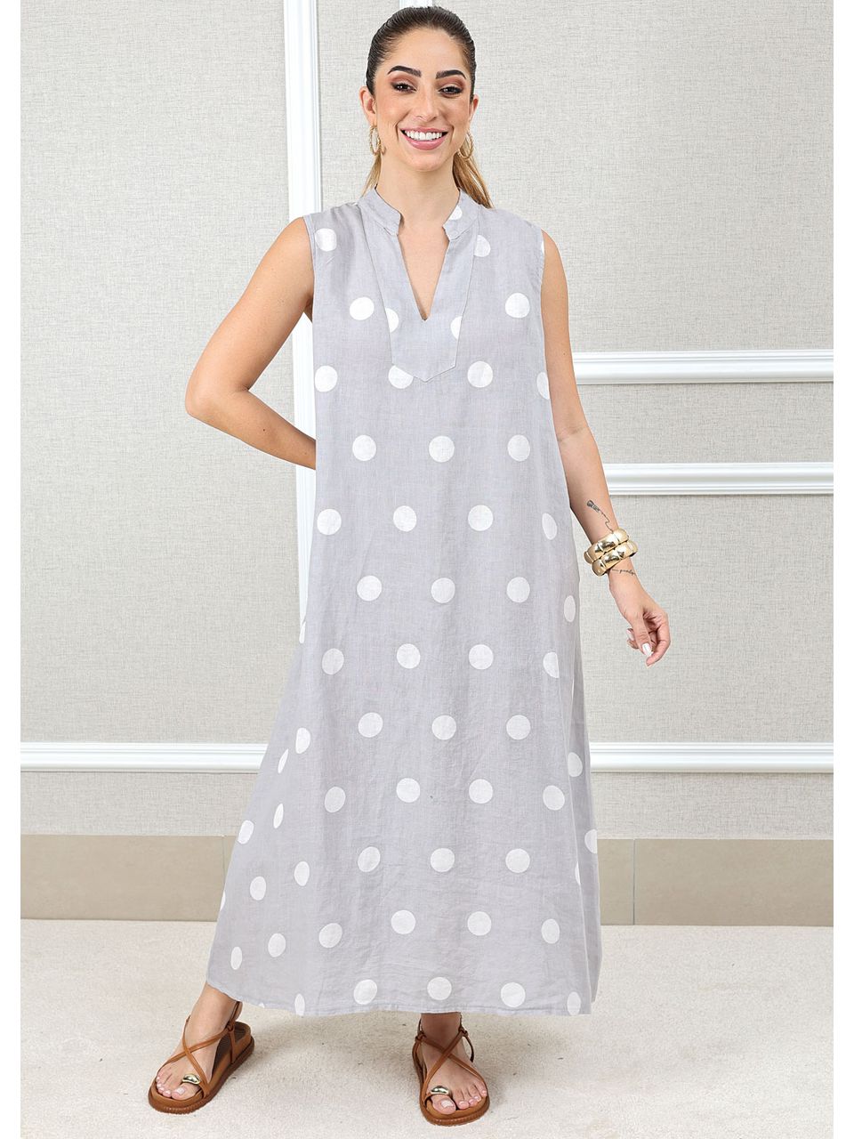 Vestido Laura Linho Italiano Cinza Aperolado