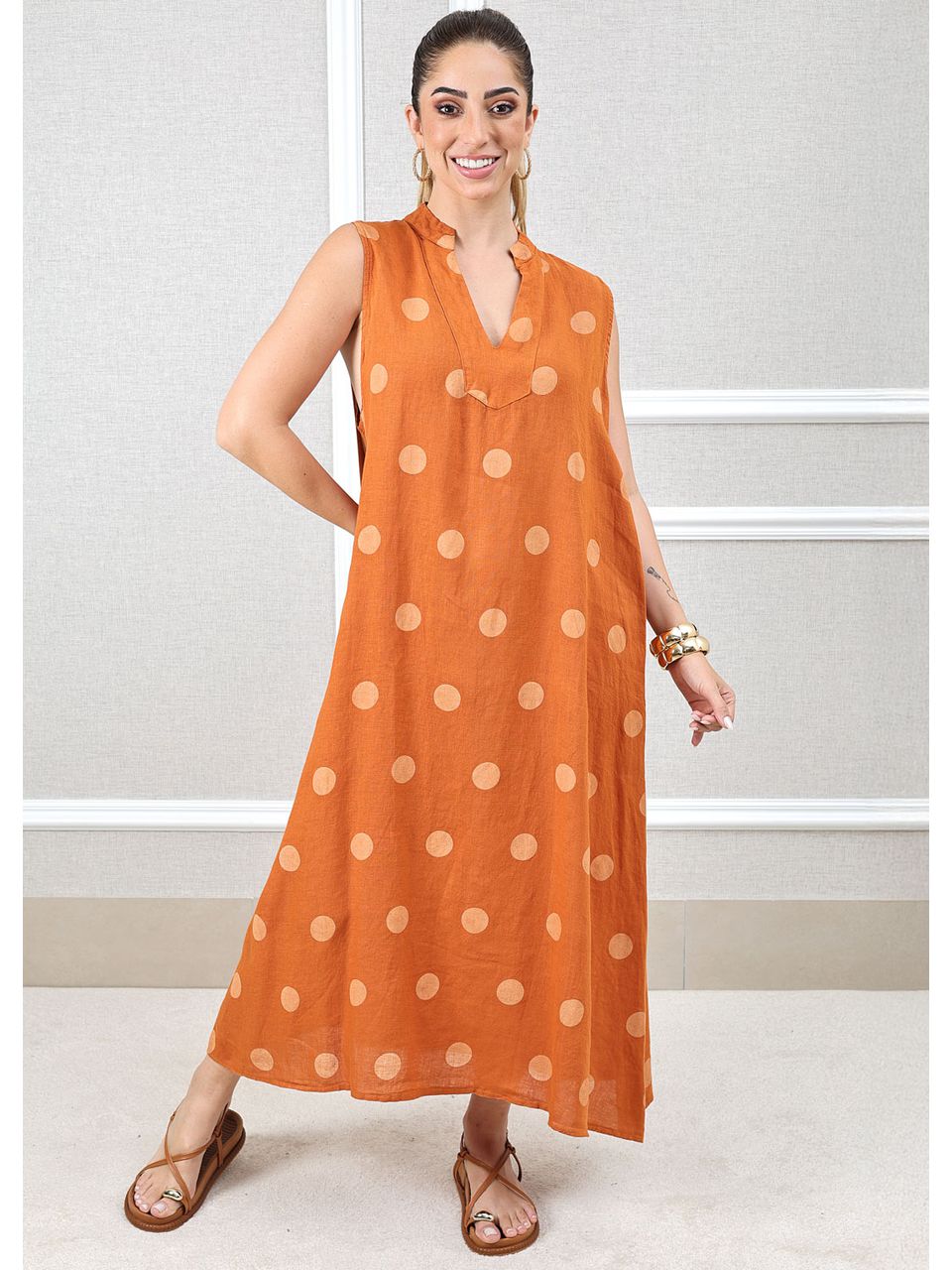 Vestido Laura Linho Italiano Terracota
