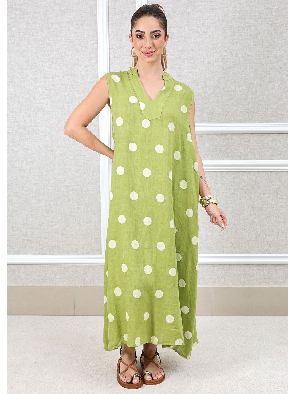 Vestido Laura Linho Italiano Verde Pistache 