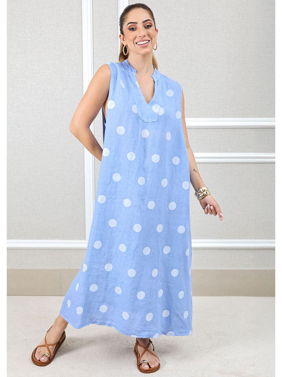 Vestido Laura Linho Italiano Azul Hortência