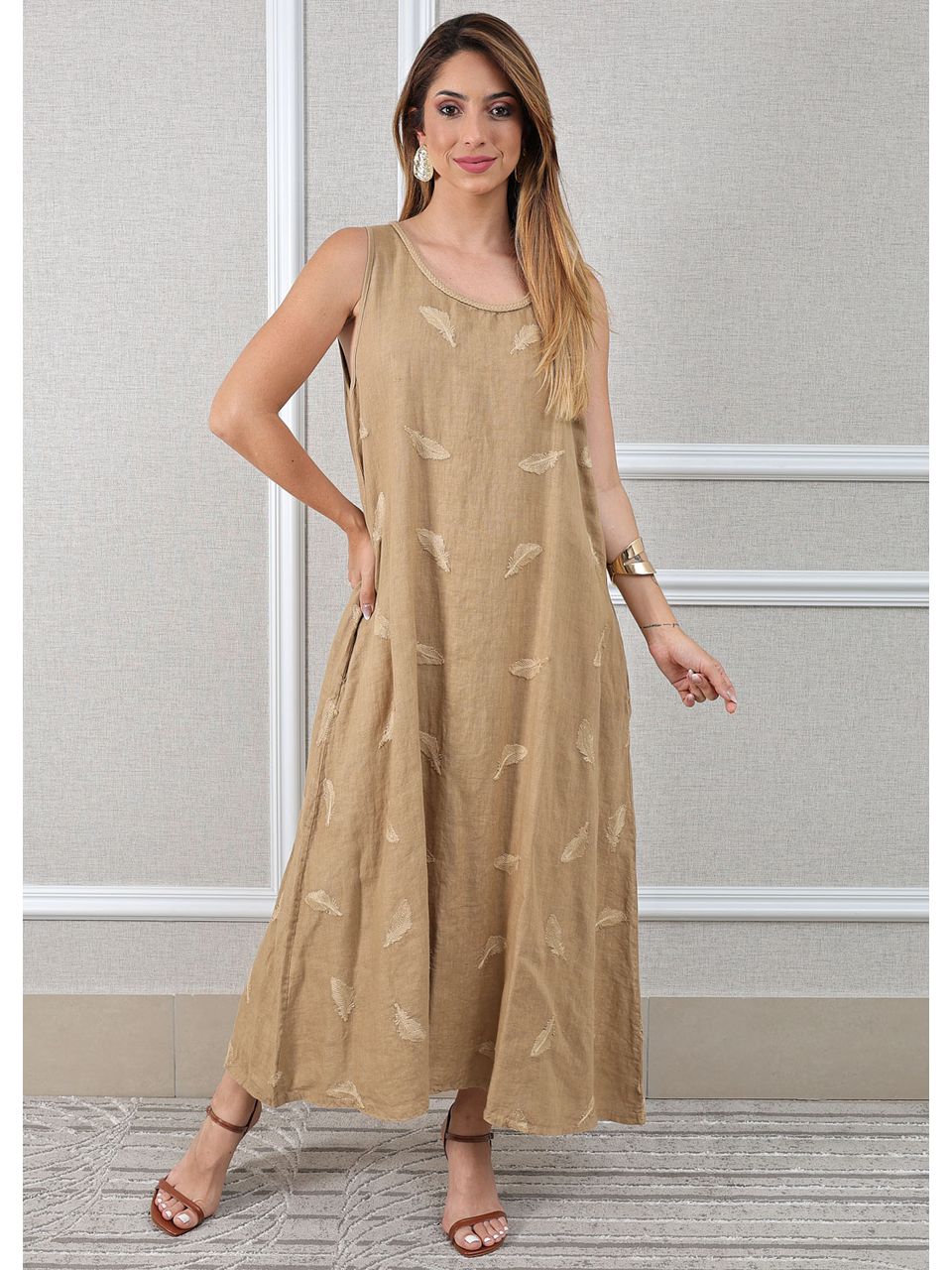 Vestido Emília Linho Italiano Caramelo