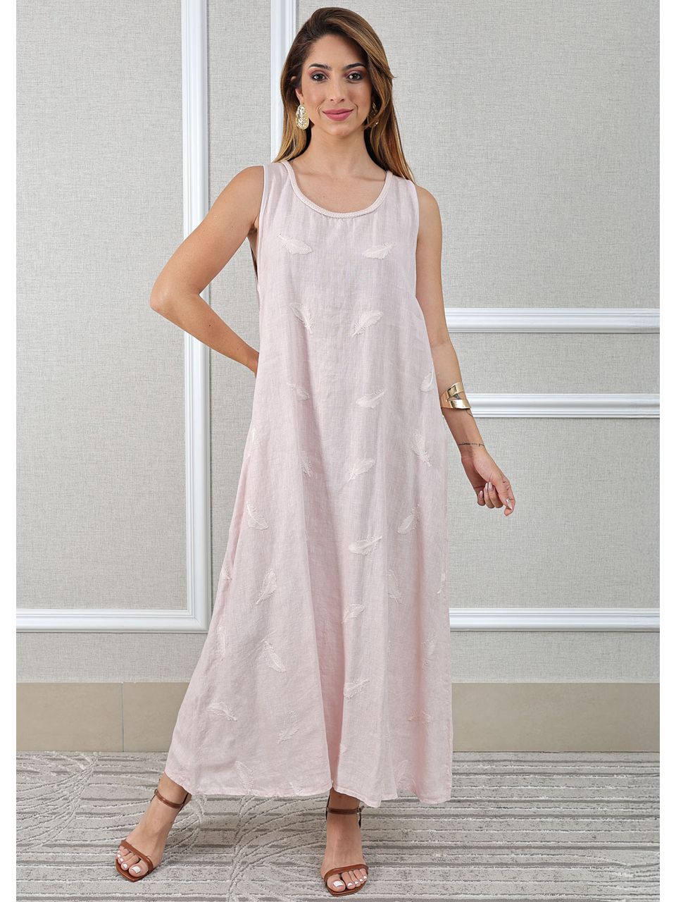 Vestido Emília Linho Italiano Rosa Bebe .