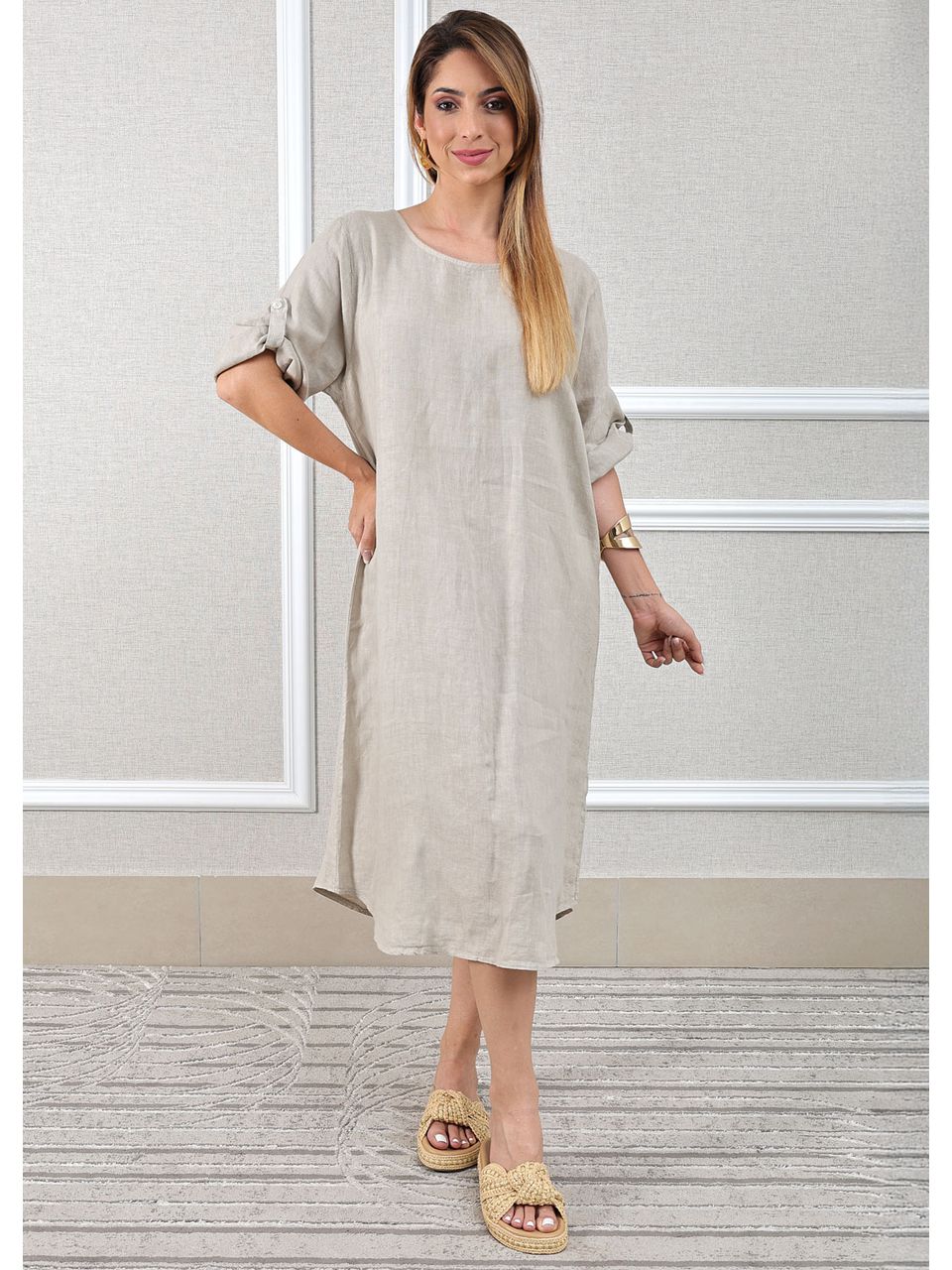 Vestido Flavia Linho Italiano Bege .