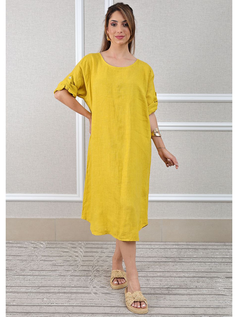 Vestido Flavia Linho Italiano Mostarda .