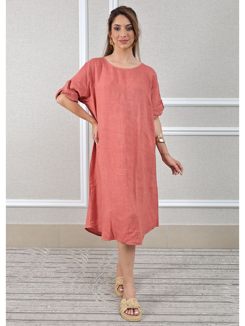 Vestido Flavia Linho Italiano Goiaba .