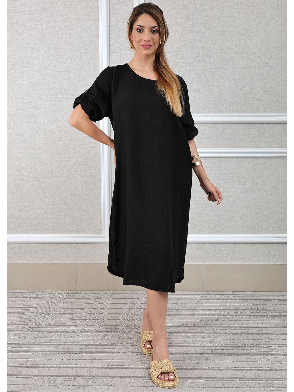 Vestido Flavia Linho Italiano Preto .