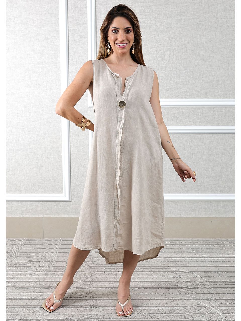 Vestido Polly Linho Italiano Bege .
