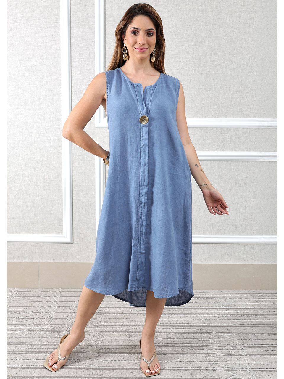 Vestido Polly Linho Italiano Azul jeans .