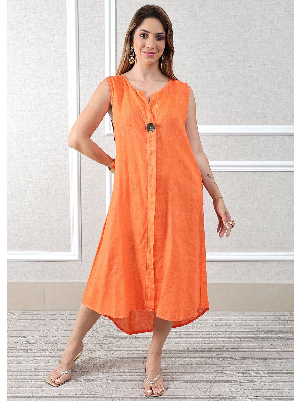 Vestido Polly Linho Italiano Laranja .