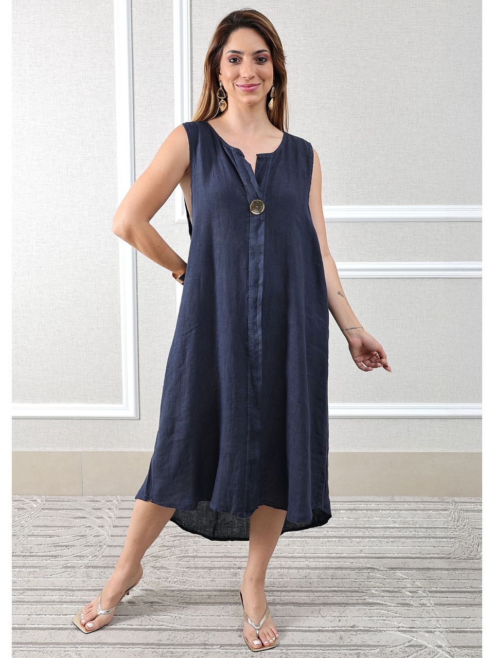 Vestido Polly Linho Italiano Azul Marinho .