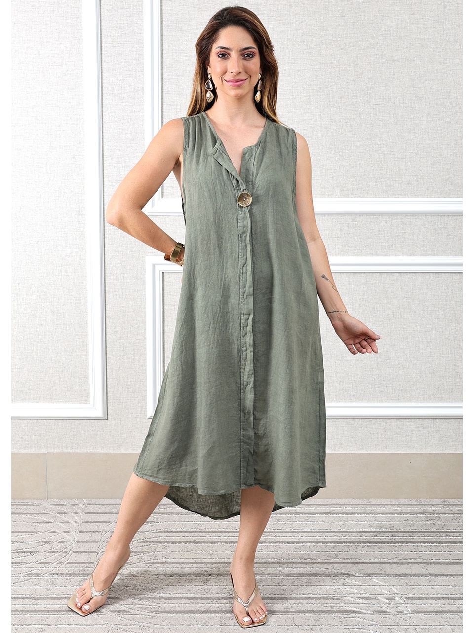 Vestido Polly Linho Italiano Verde Militar .