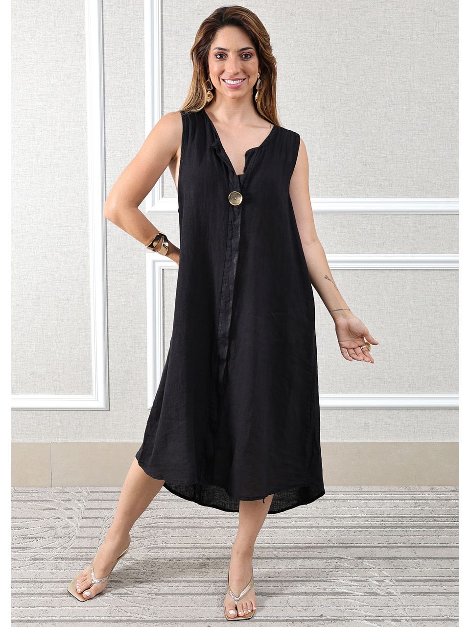 Vestido Polly Linho Italiano Preto .