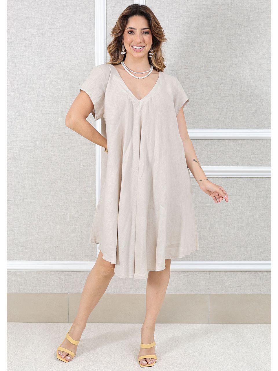 Vestido Aurora Linho Italiano Bege