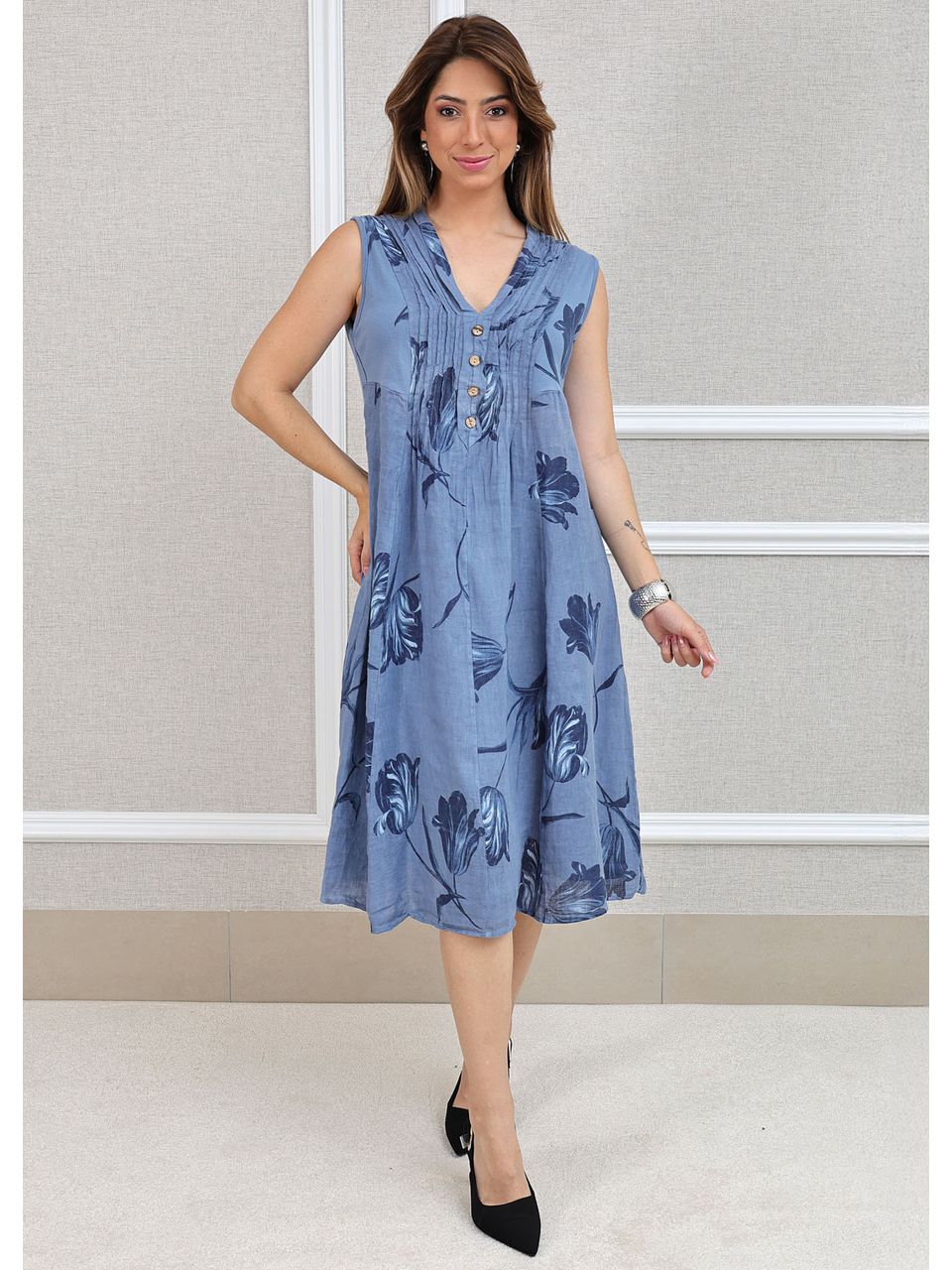 Vestido Manu Linho Italiano Azul Jeans .