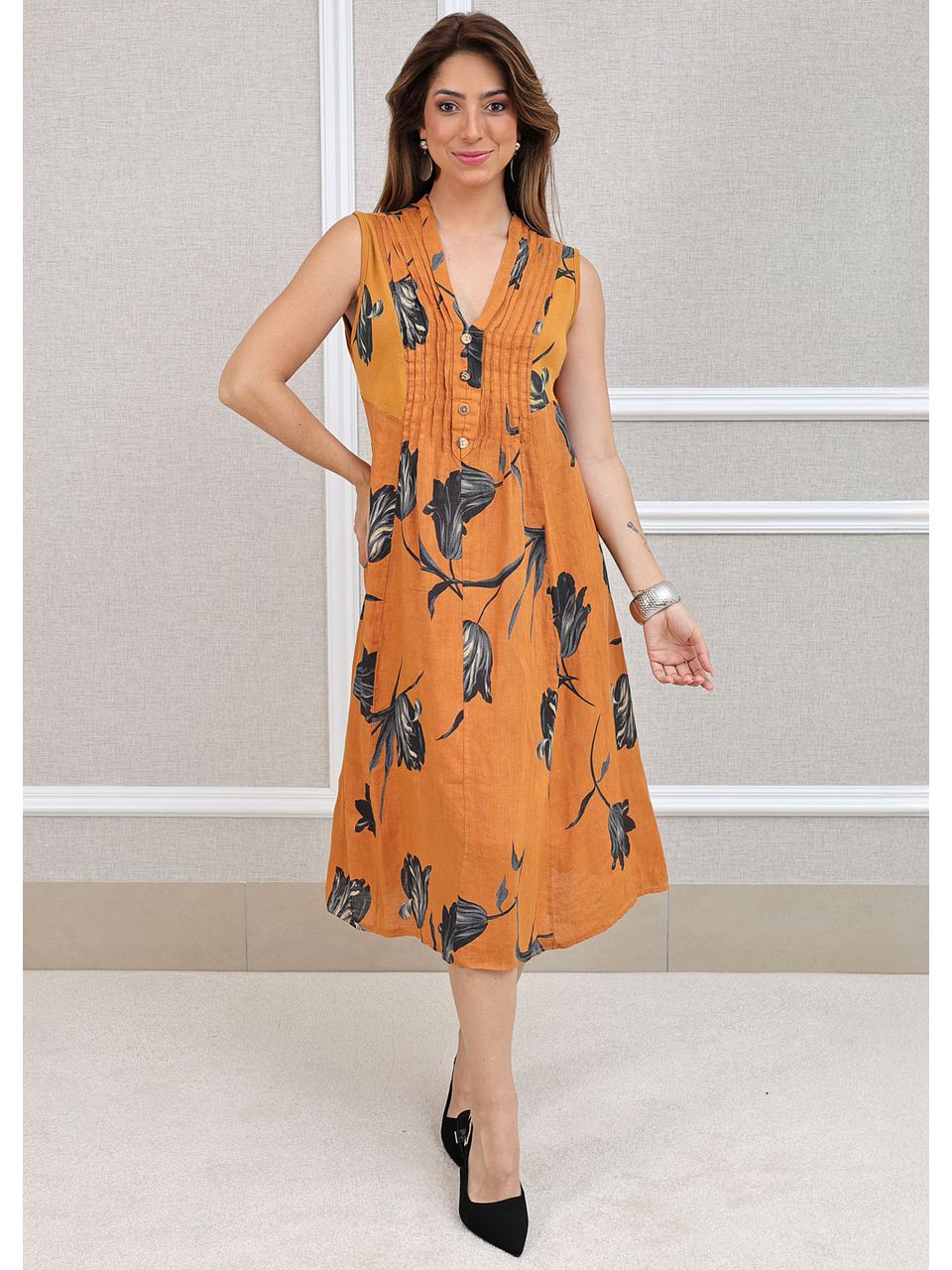 Vestido Manu Linho Italiano Açafrão .