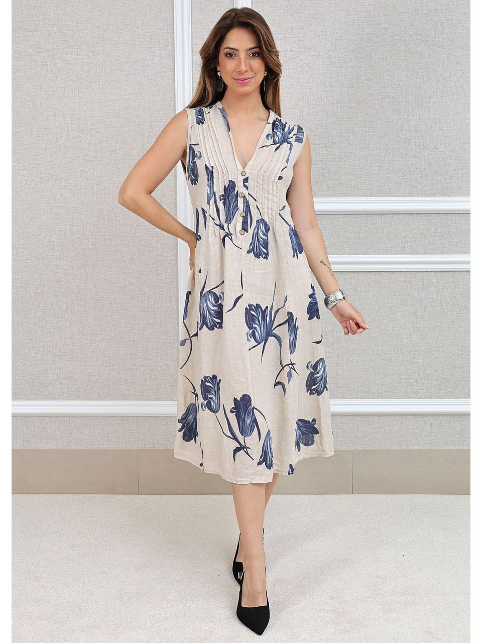 Vestido Manu Linho Italiano Bege .