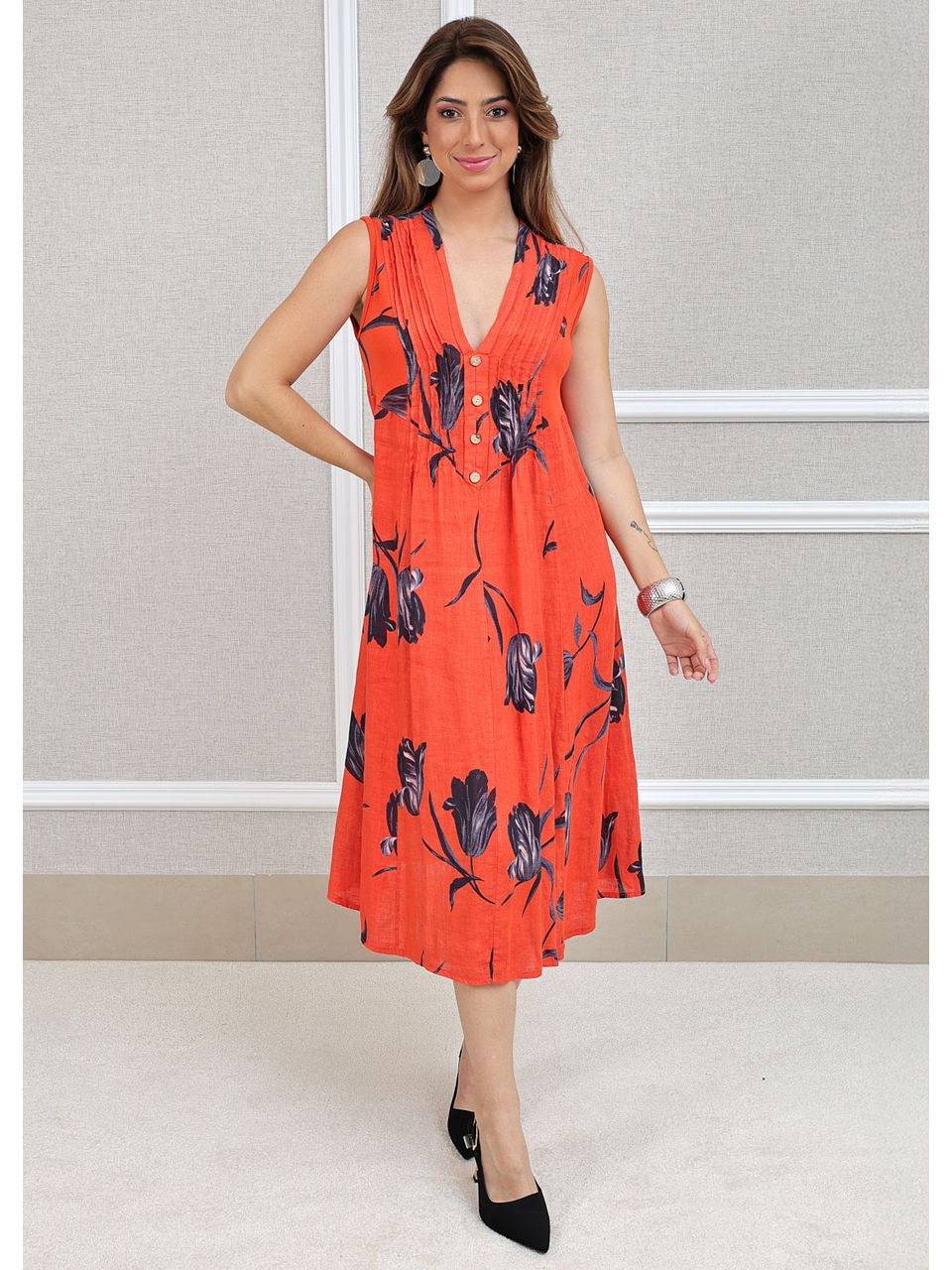 Vestido Manu Linho Italiano Laranja .