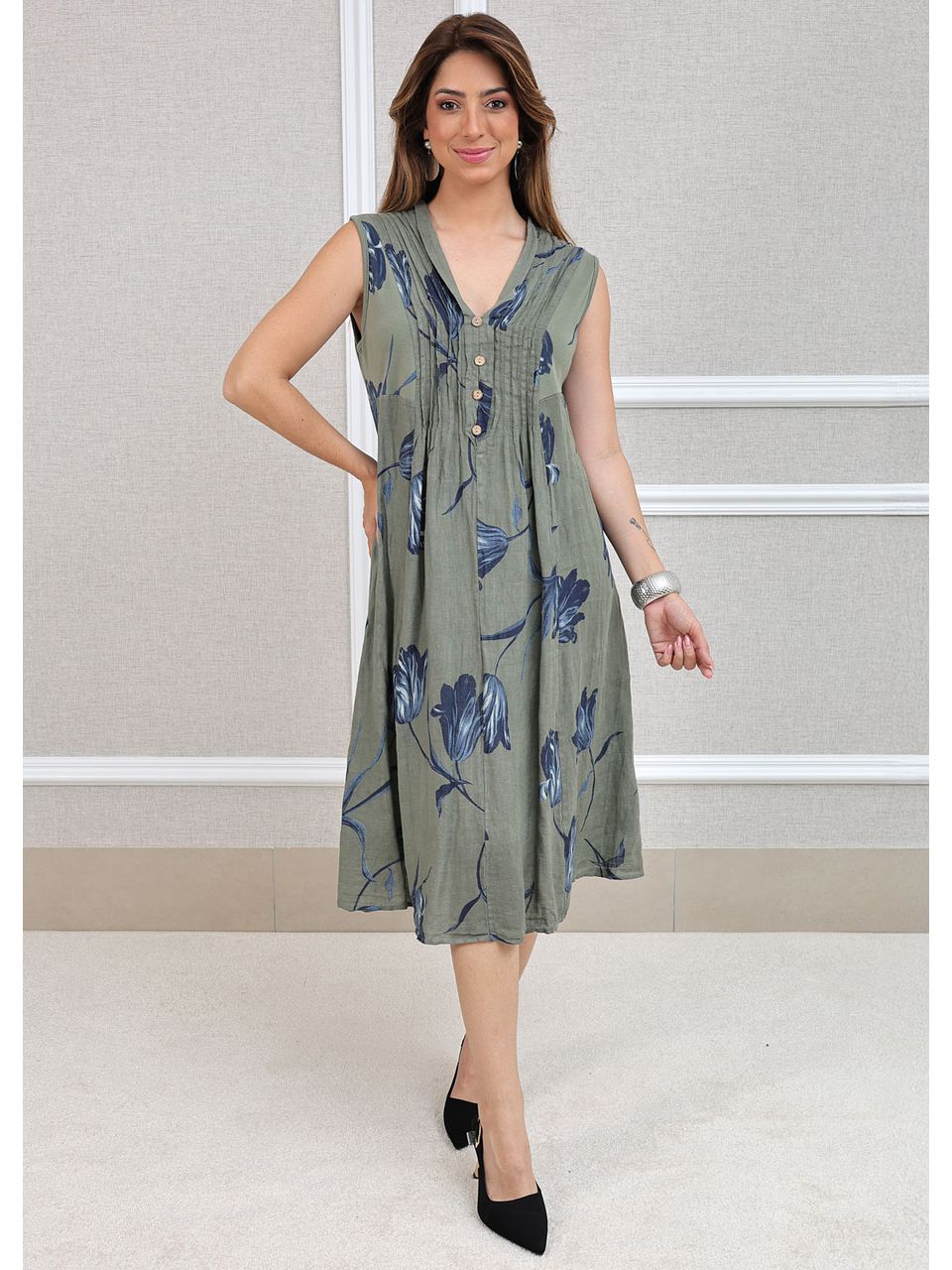 Vestido Manu Linho Italiano Verde Militar .