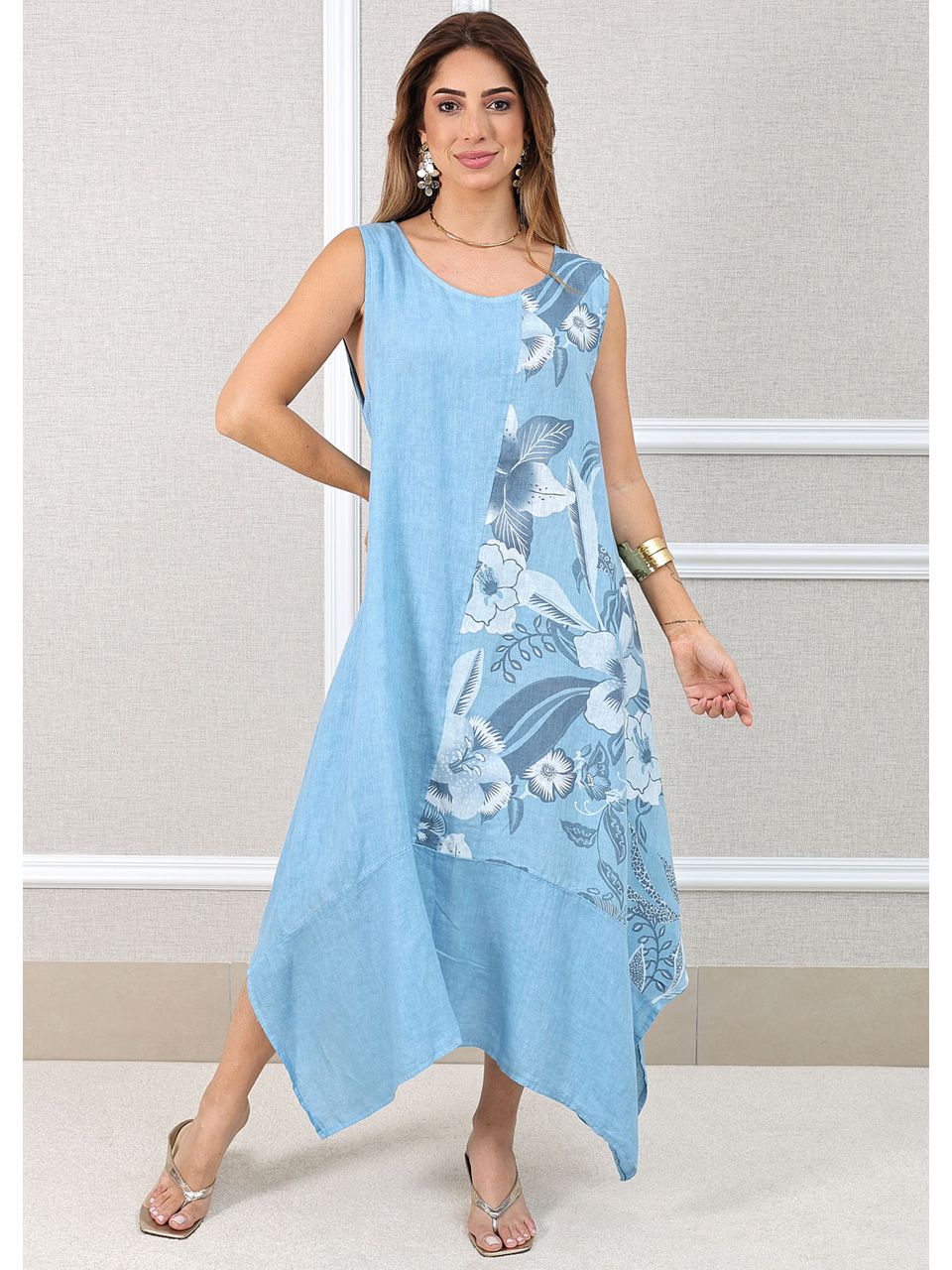 Vestido Luciana Linho Italiano Azul Hortência
