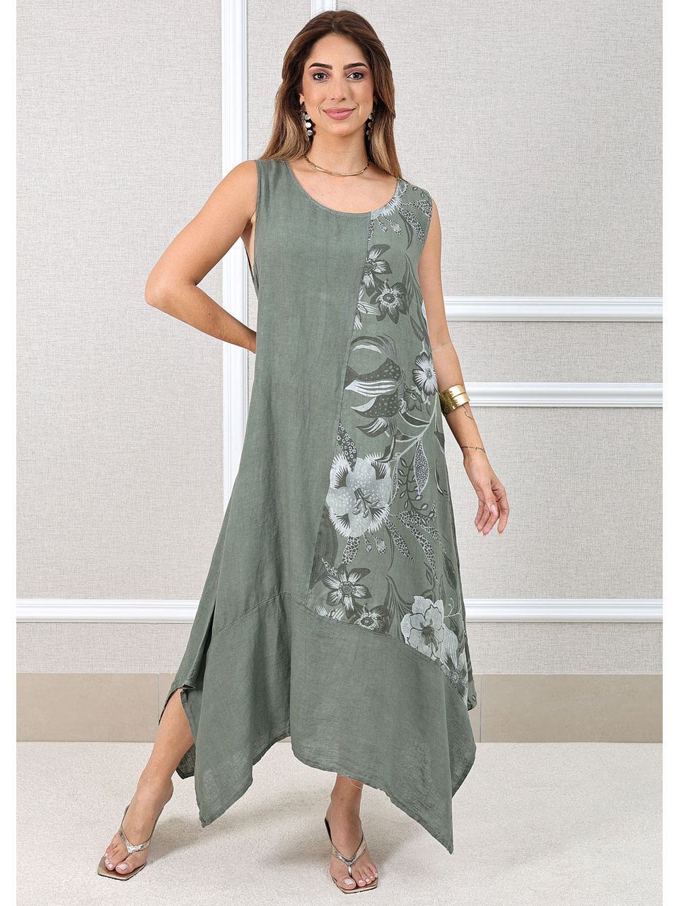 Vestido Luciana Linho Italiano Verde Militar