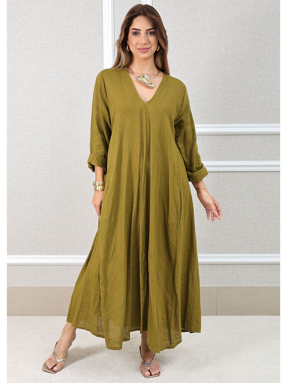 Vestido Regina Linho Italiano Verde Musgo