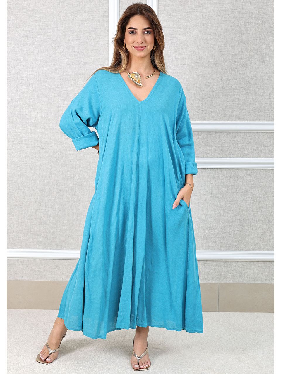Vestido Regina Linho Italiano Azul Celeste 