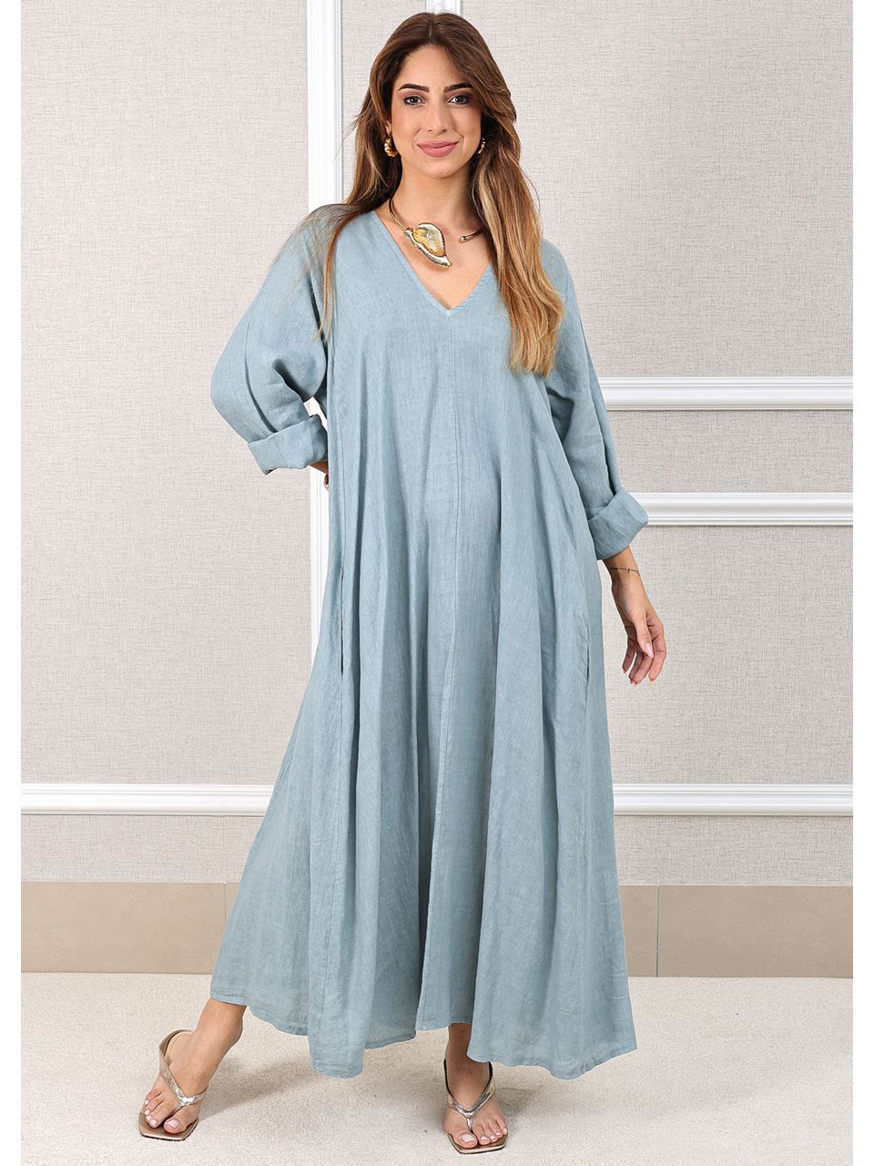 Vestido Regina Linho Italiano Azul Bebe